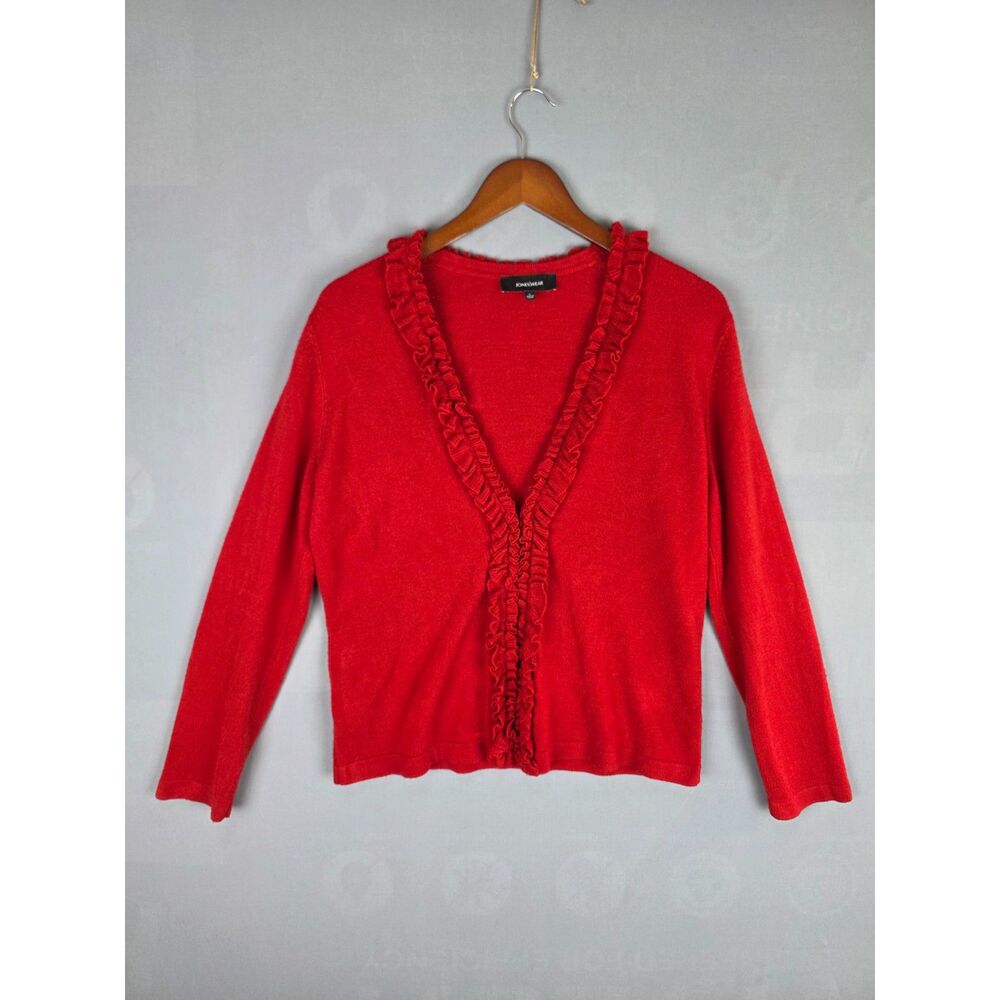 Jones Wear Cardigan Women's Large Apple Red Holiday Ruffle Open Front